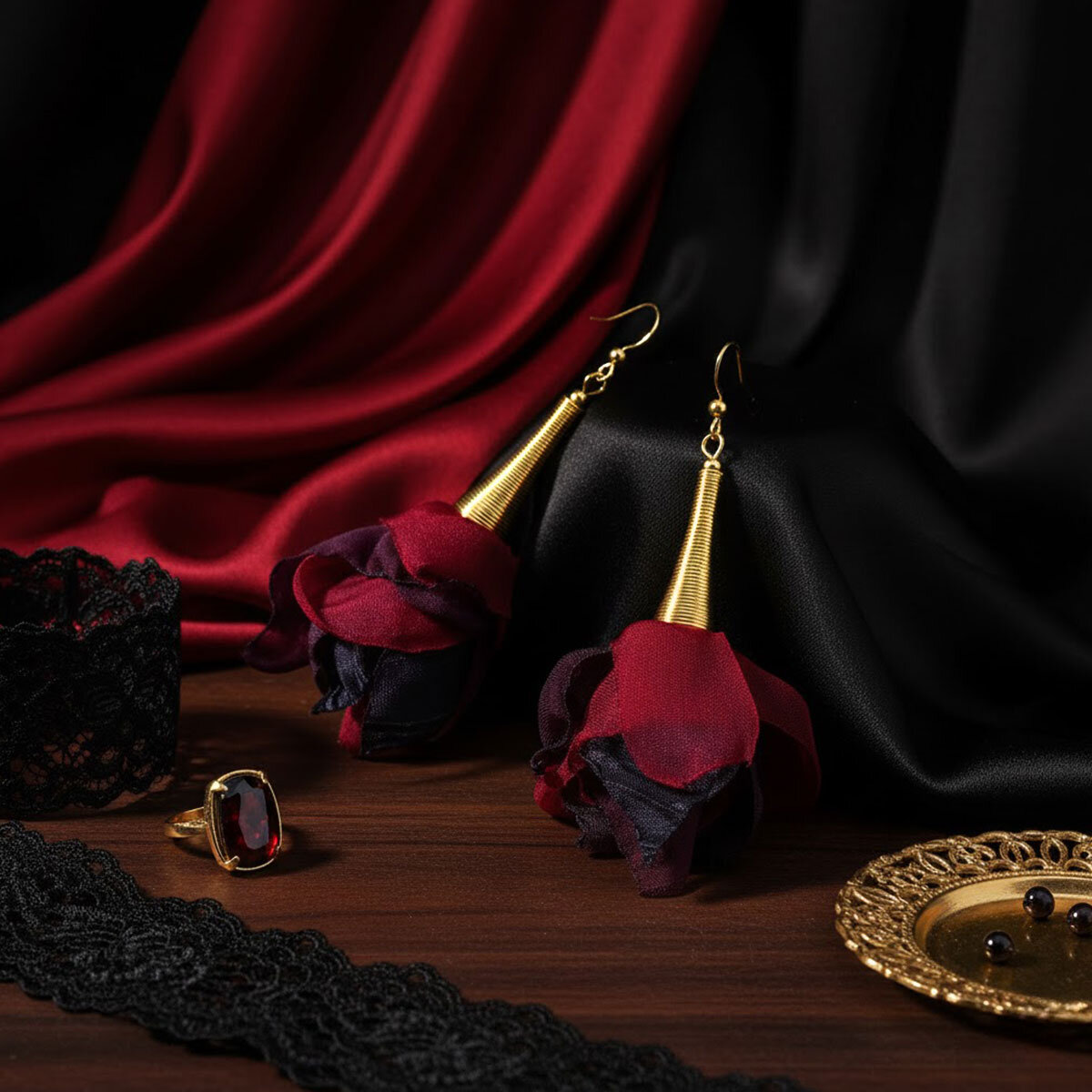 Kolczyki z tkaniny fiolet malinowy długie kwiaty boho – Lume Design