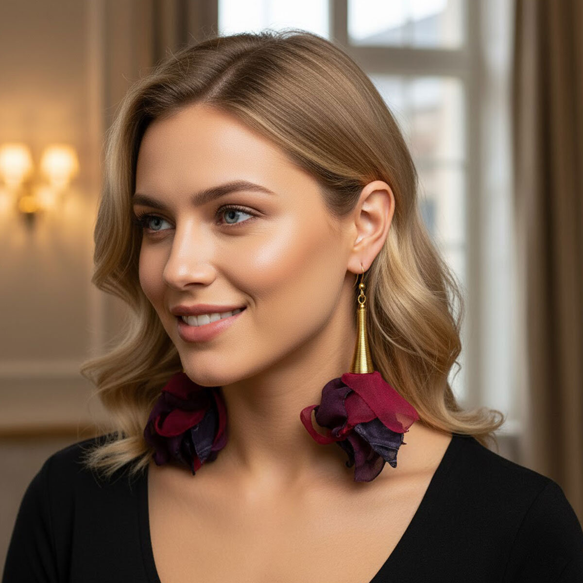 Kolczyki z tkaniny fiolet malinowy długie kwiaty boho – Lume Design