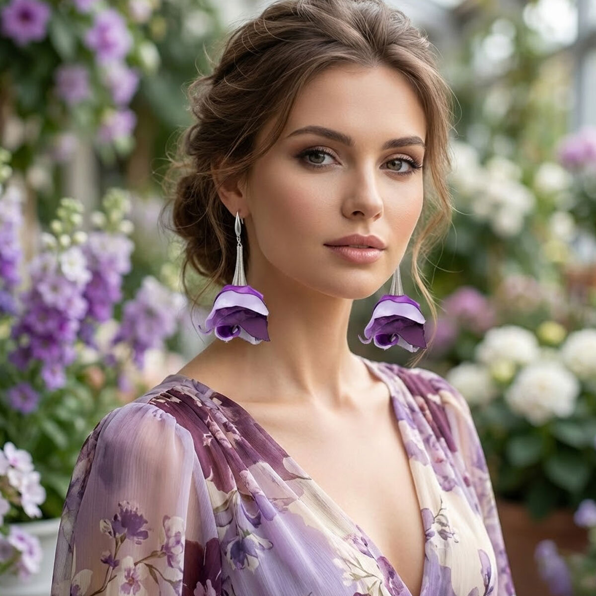 Kolczyki z tkaniny fioletowe długie kwiaty ciemne srebro stal