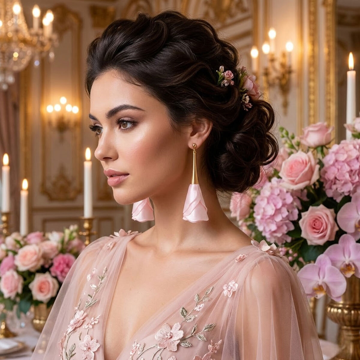 Kolczyki z tkaniny pastelowy róż lekkie długie handmade złote