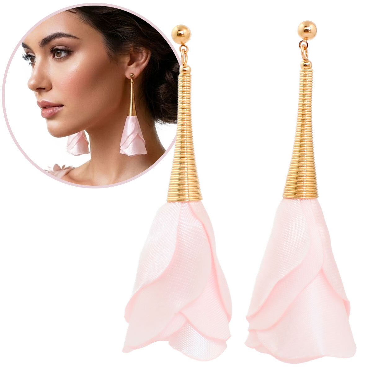 Kolczyki z tkaniny pastelowy róż lekkie długie handmade złote