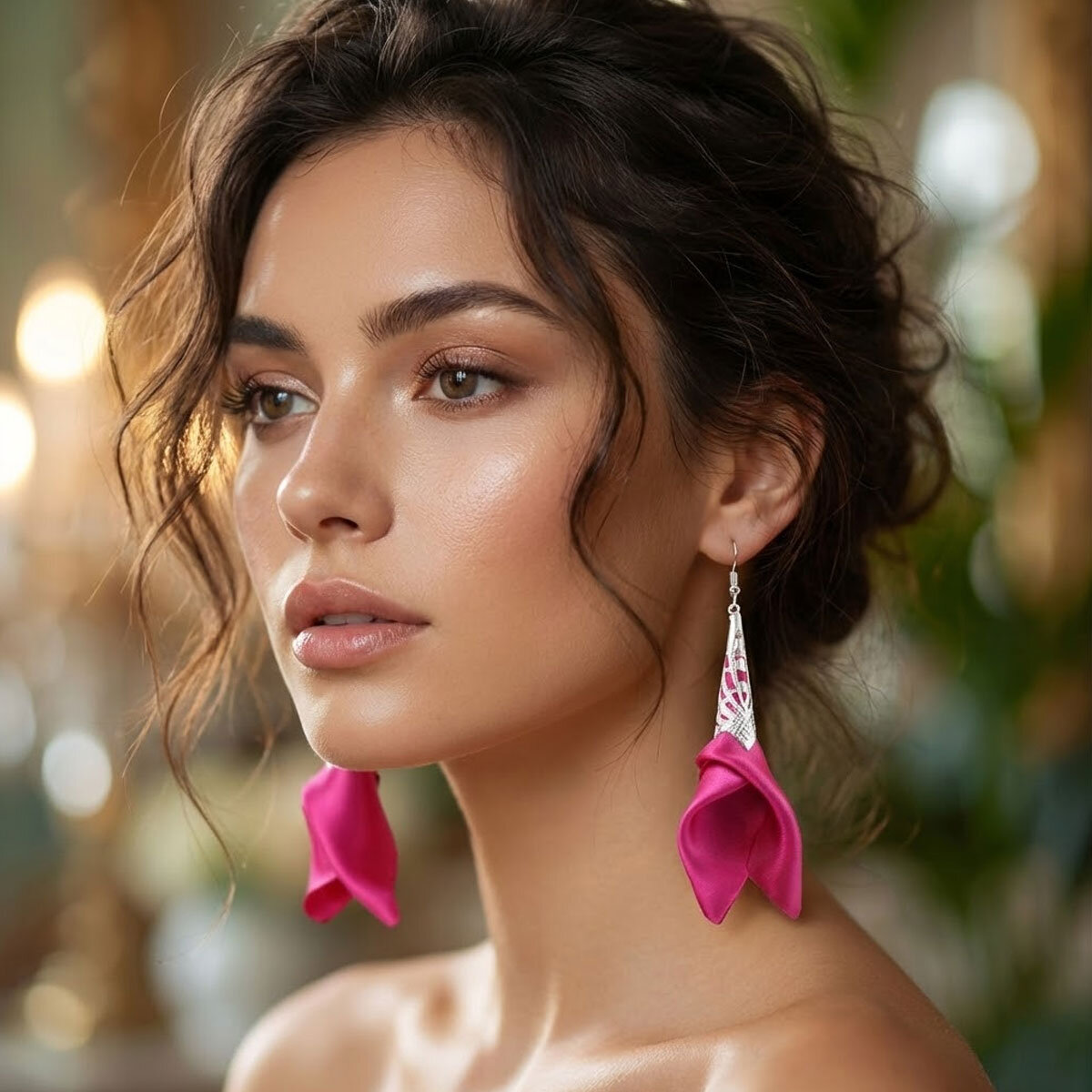 Kolczyki Kwiaty Materiałowe Fuksja Lume Design Długie, różowe kolczyki materiałowe w kolorze fuksji z ażurowym srebrnym wykończeniem