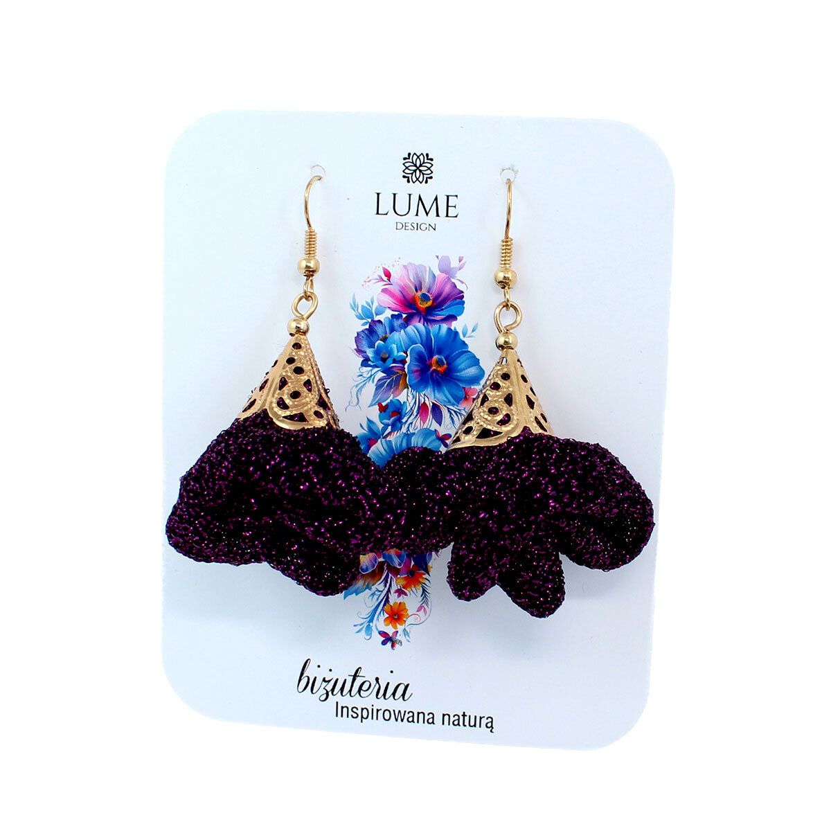 Kolczyki z tkaniny ciemny fiolet brokat złote wykończenia – Lume Design