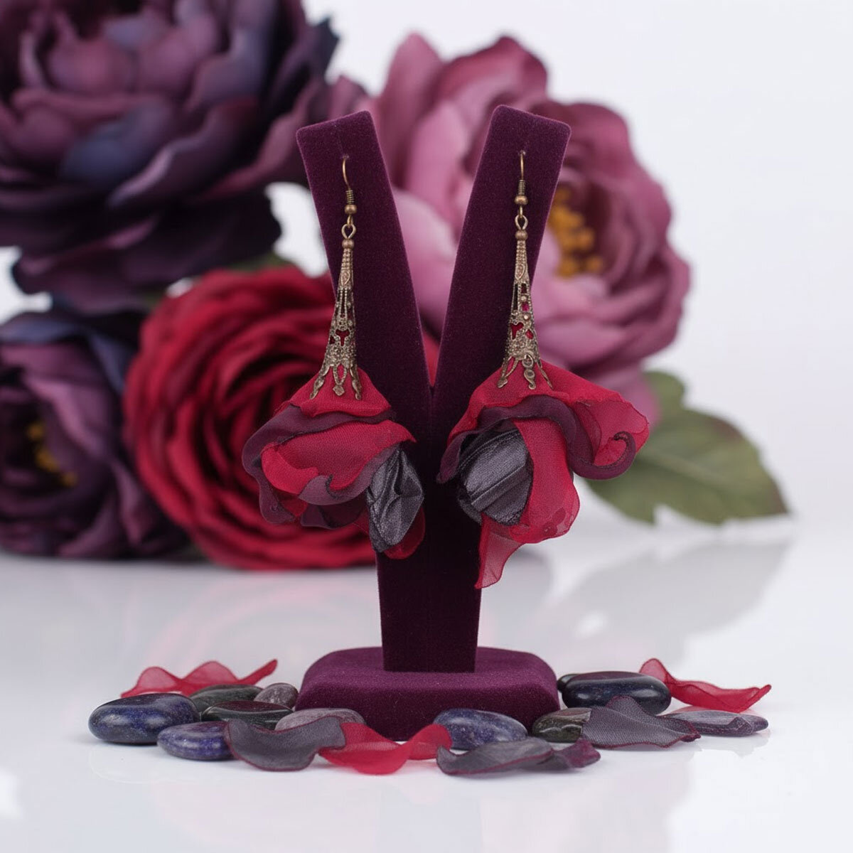 Kolczyki z tkaniny fiolet malinowy kwiaty witchy gothic – Lume Design