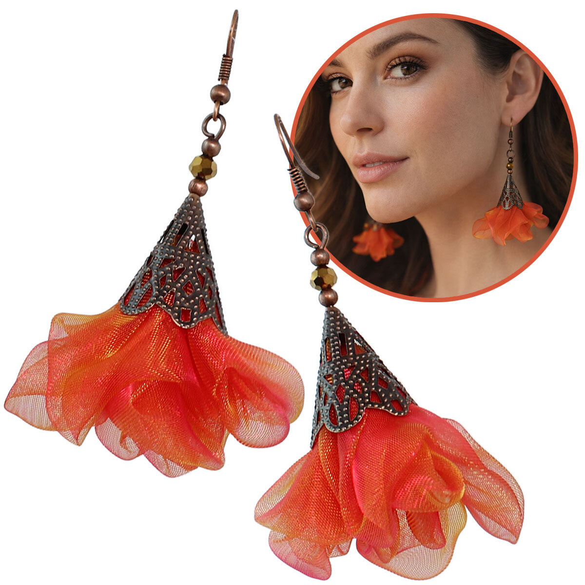 Długie pomarańczowo-różowe kolczyki kwiaty z miedzianym ażurowym elementem.