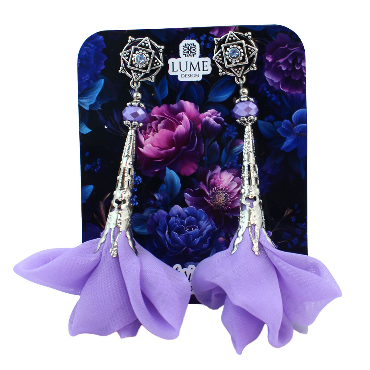 Kolczyki z tkaniny lawendowe wrzosowe długie lekkie handmade ażurowe