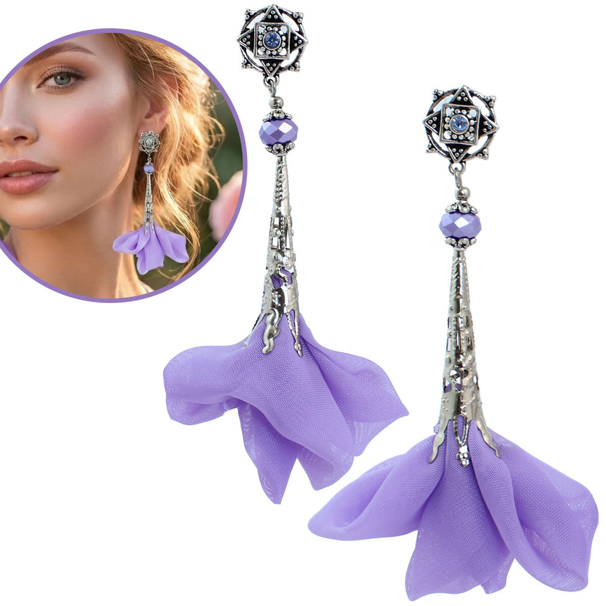 Kolczyki z tkaniny lawendowe wrzosowe długie lekkie handmade ażurowe