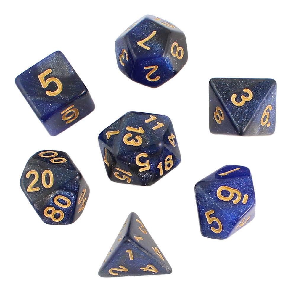 Zestaw 7 klasycznych akrylowych kości RPG w kolorze granatowym z brokatem i złotymi cyframi | Akrylowe Kości Sapphire Dust Lume Design