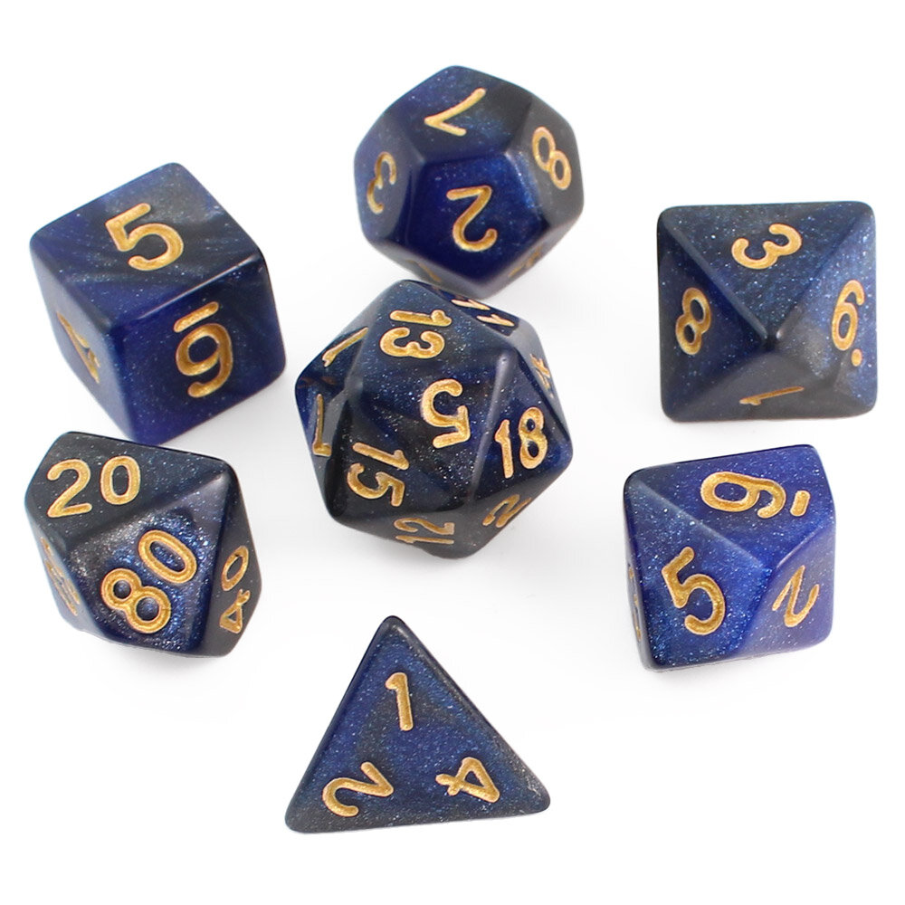 Zestaw 7 klasycznych akrylowych kości RPG w kolorze granatowym z brokatem i złotymi cyframi | Akrylowe Kości Sapphire Dust Lume Design