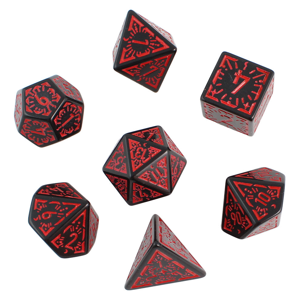 Zestaw 7 czarnych akrylowych kości RPG z czerwonymi runami, ramkami i cyframi | Akrylowe Kości Infernal Runes Lume Design