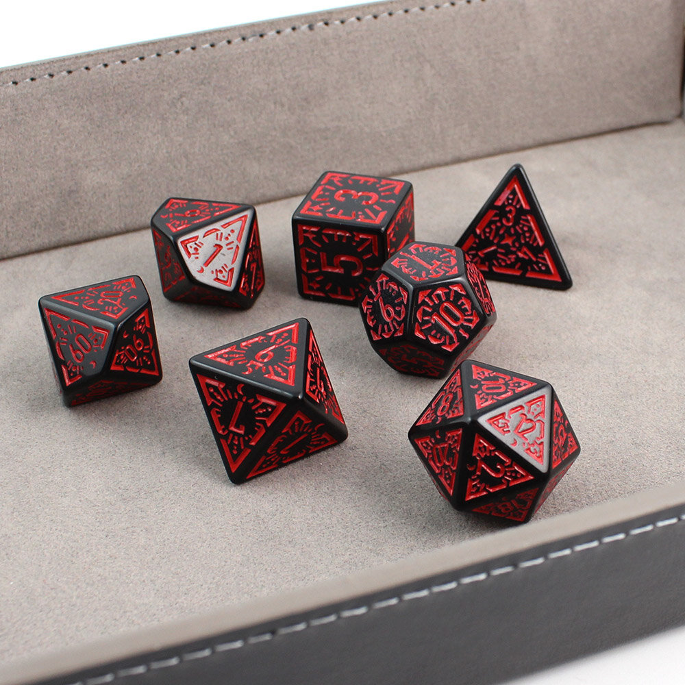 Zestaw 7 czarnych akrylowych kości RPG z czerwonymi runami, ramkami i cyframi | Akrylowe Kości Infernal Runes Lume Design