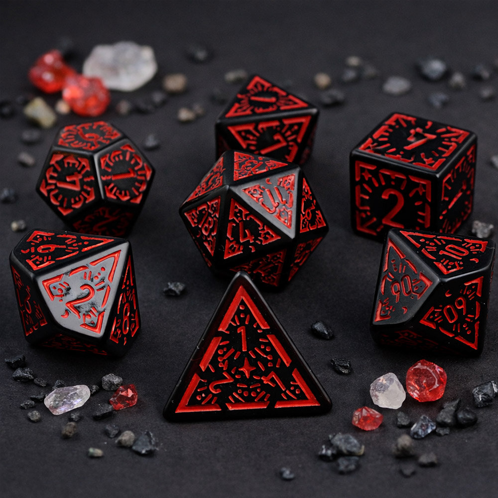 Zestaw 7 czarnych akrylowych kości RPG z czerwonymi runami, ramkami i cyframi | Akrylowe Kości Infernal Runes Lume Design
