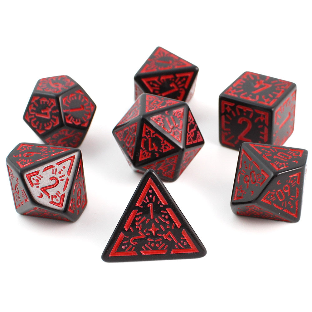 Zestaw 7 czarnych akrylowych kości RPG z czerwonymi runami, ramkami i cyframi | Akrylowe Kości Infernal Runes Lume Design