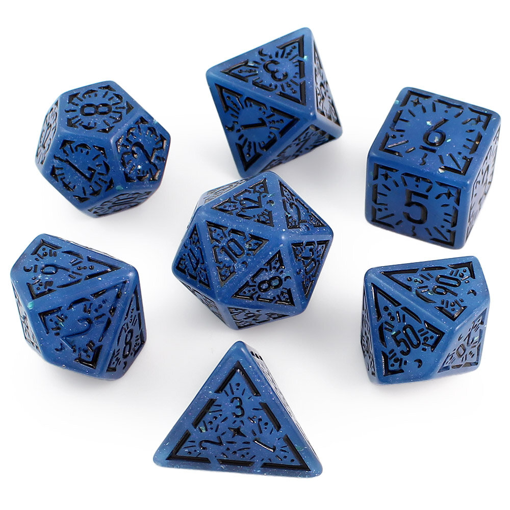Zestaw 7 granatowych akrylowych kości RPG z czarnymi runami, ramkami i cyframi | Akrylowe Kości Abyssal Runes Lume Design Zestaw 7 granatowych akrylowych kości RPG z czarnymi runami, ramkami i cyframi | Akrylowe Kości Abyssal Runes Lume Design