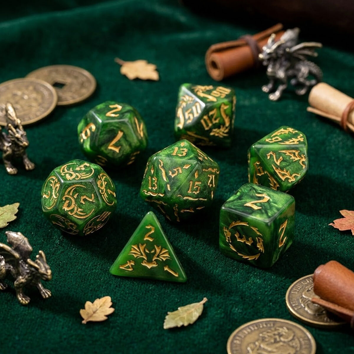 Zestaw kości RPG Dragon's Jade zielone ze smokami