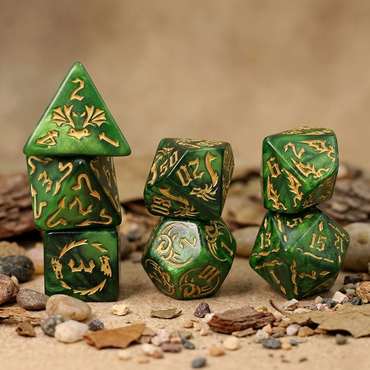 Zestaw kości RPG Dragon's Jade zielone ze smokami