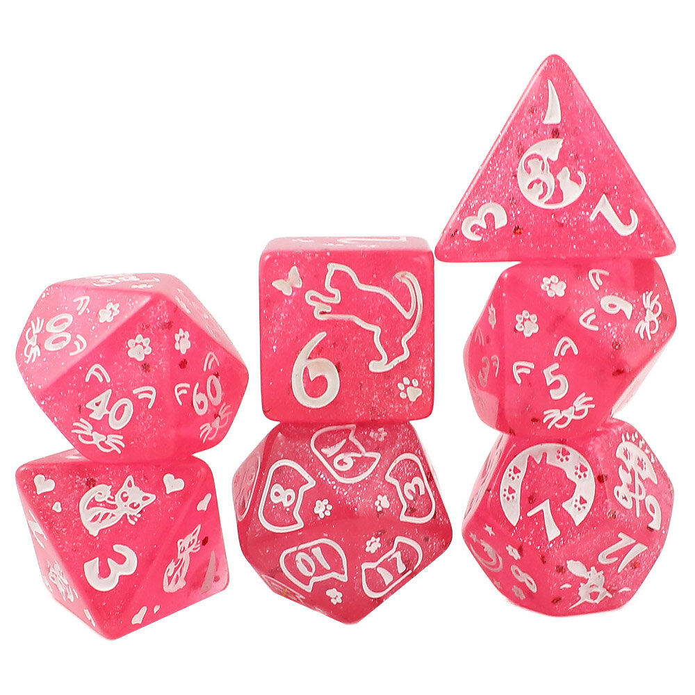 Kości RPG Zestaw malinowych kości wielościennych Cat Magic z brokatem i wzorem w urocze koty.