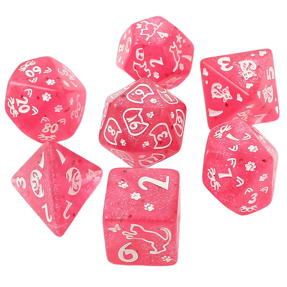 Kości RPG Zestaw malinowych kości wielościennych Cat Magic z brokatem i wzorem w urocze koty.