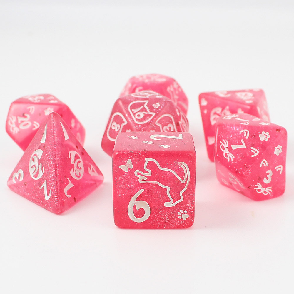 Kości RPG Zestaw malinowych kości wielościennych Cat Magic z brokatem i wzorem w urocze koty.