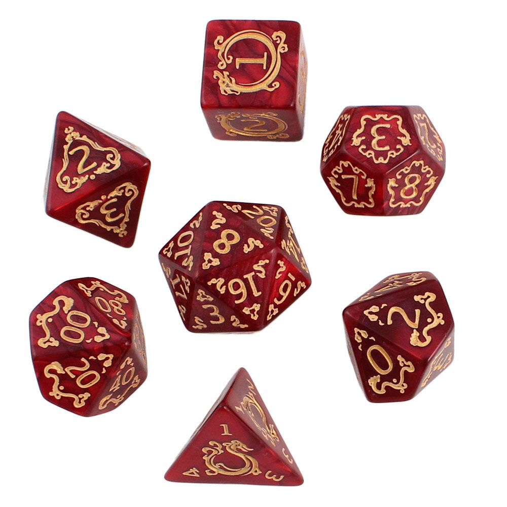 Zestaw 7 akrylowych kości RPG o zaokrąglonych krawędziach w kolorze czerwonego marmuru ze zdobieniami smoków | Akrylowe Kości Dragon's Ruby Lume Design Zestaw 7 akrylowych kości RPG o zaokrąglonych krawędziach w kolorze czerwonego marmuru ze zdobieniami smoków | Akrylowe Kości Dragon's Ruby Lume Design