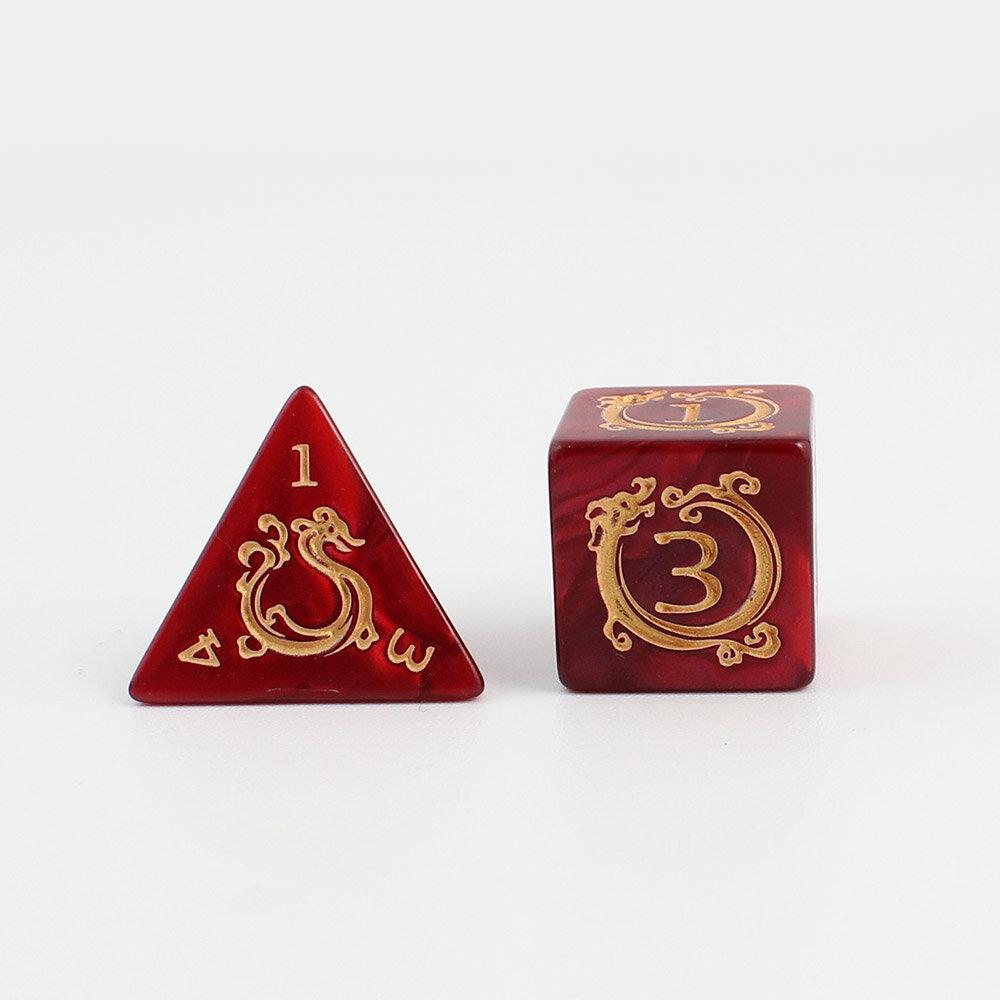 Zestaw 7 akrylowych kości RPG o zaokrąglonych krawędziach w kolorze czerwonego marmuru ze zdobieniami smoków | Akrylowe Kości Dragon's Ruby Lume Design Zestaw 7 akrylowych kości RPG o zaokrąglonych krawędziach w kolorze czerwonego marmuru ze zdobieniami smoków | Akrylowe Kości Dragon's Ruby Lume Design