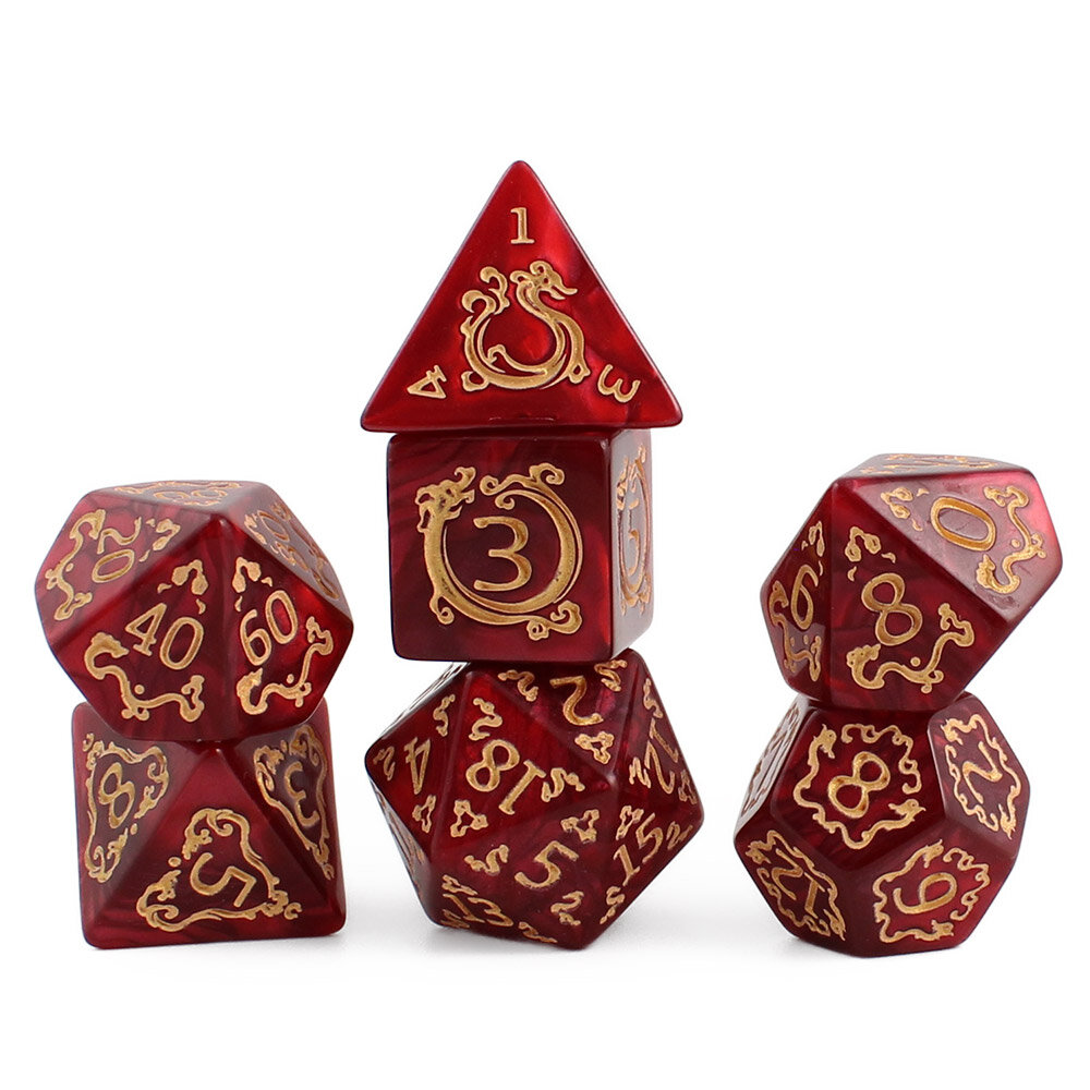 Zestaw 7 akrylowych kości RPG o zaokrąglonych krawędziach w kolorze czerwonego marmuru ze zdobieniami smoków | Akrylowe Kości Dragon's Ruby Lume Design Zestaw 7 akrylowych kości RPG o zaokrąglonych krawędziach w kolorze czerwonego marmuru ze zdobieniami smoków | Akrylowe Kości Dragon's Ruby Lume Design