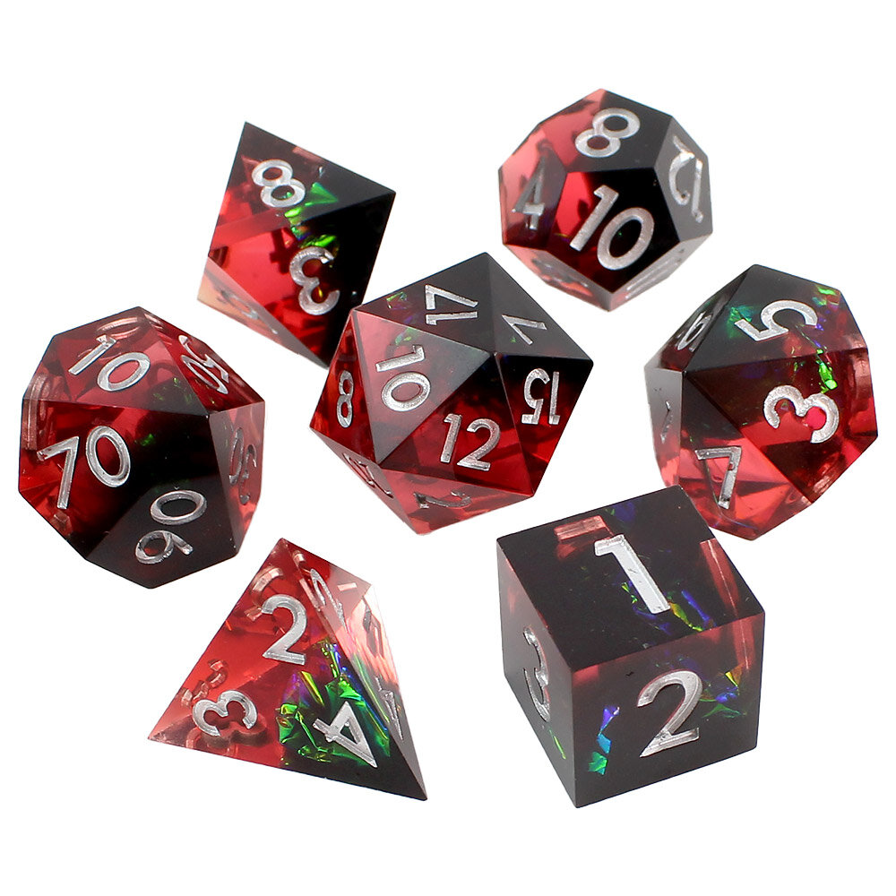 Zestaw 7 kości RPG z żywicy z ostrymi krawędziami w kolorze czarno-czerwonym z folią holograficzną | Kości RPG Void Reaper Lume Design