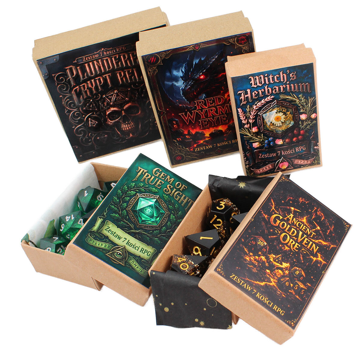 Zestaw 7 przezroczystych kości RPG z żywicy z ilustracjami grzybów i fioletowym płynnym wnętrzem | Kości Liquid Core Mystic Shrooms Lume Design