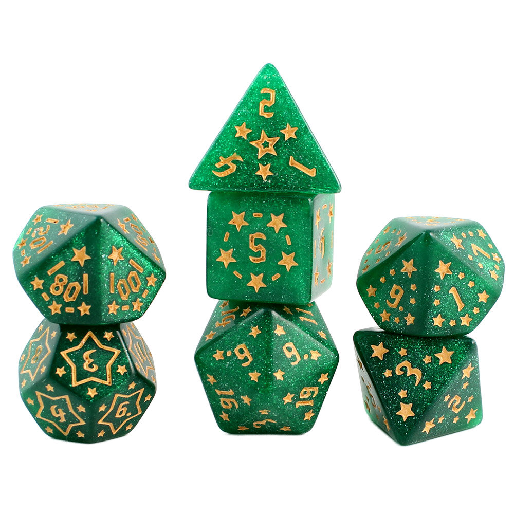 Zestaw 7 akrylowych kości RPG w zielonym kolorze ze złotymi gwiazdkami i cyframi | Akrylowe Kości Emerald Stars Lume Design Zestaw 7 akrylowych kości RPG w zielonym kolorze ze złotymi gwiazdkami i cyframi | Akrylowe Kości Emerald Stars Lume Design