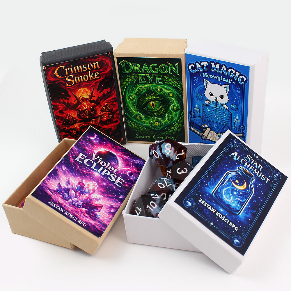 Kości RPG Zestaw malinowych kości wielościennych Cat Magic z brokatem i wzorem w urocze koty.