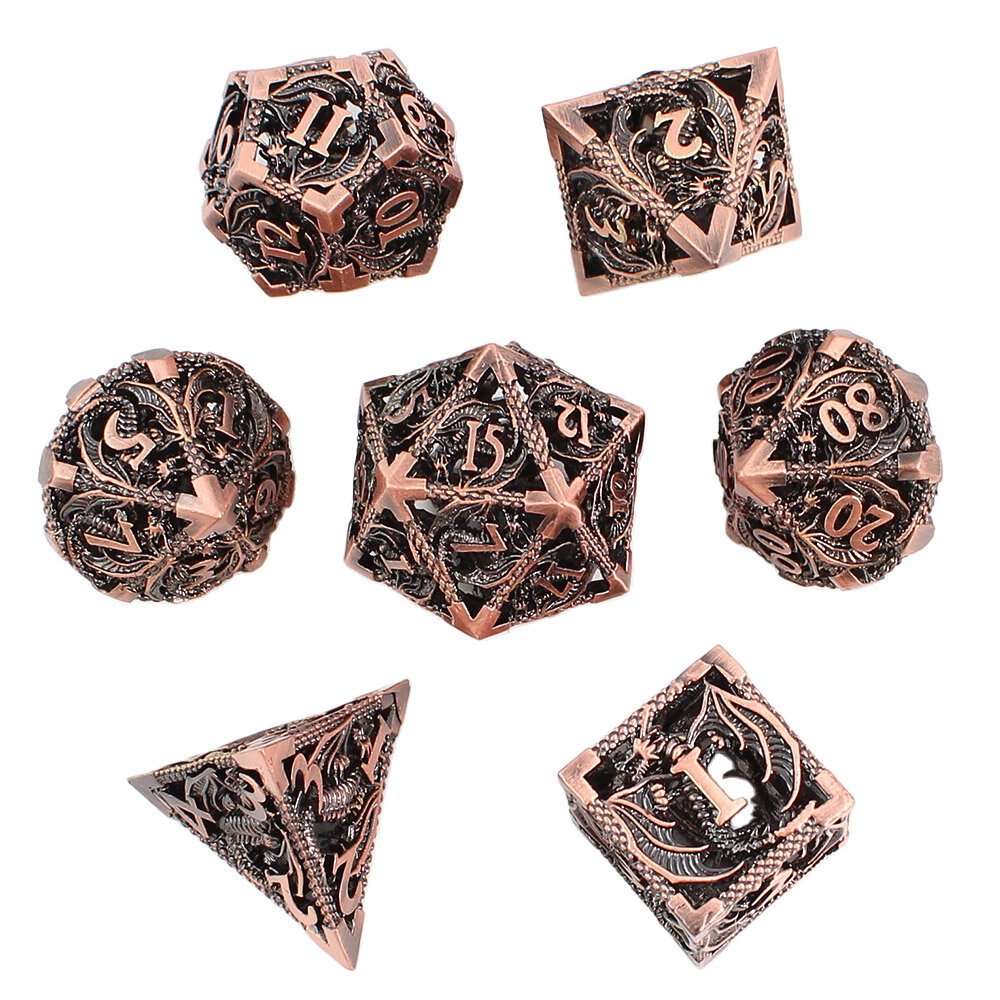 Metalowe ażurowe kości RPG z motywem smoków w kolorze oksydowanej miedzi | Kości Metalowe Dragon's Breath Hollow Lume Design