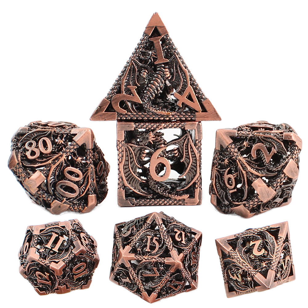 Metalowe ażurowe kości RPG z motywem smoków w kolorze oksydowanej miedzi | Kości Metalowe Dragon's Breath Hollow Lume Design