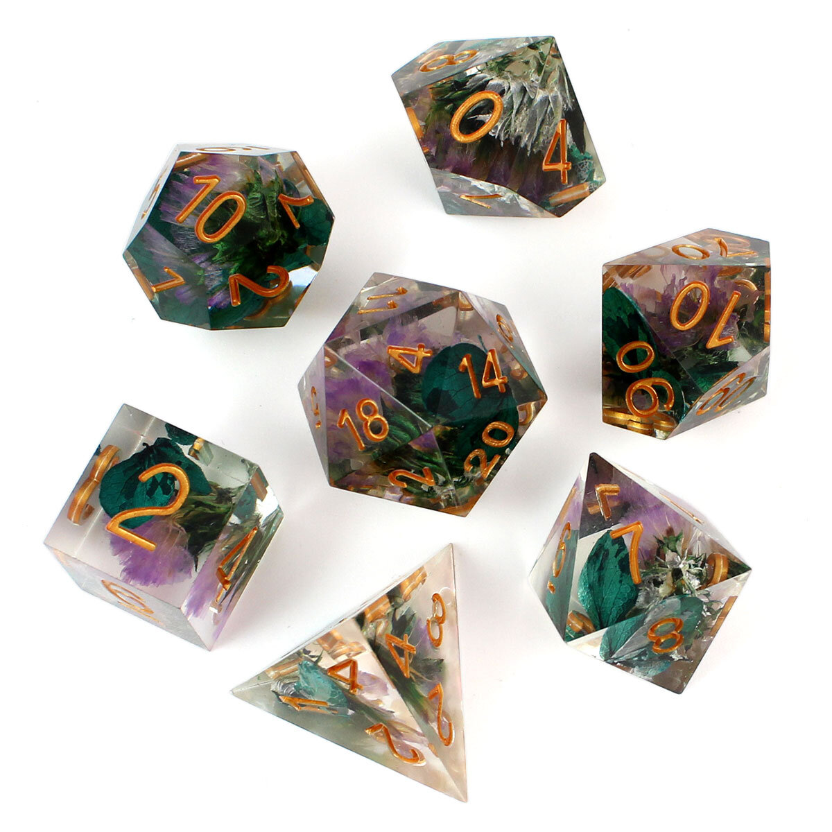 Zestaw kości RPG Witch's Herbarium z przezroczystej żywicy z suszonymi kwiatami