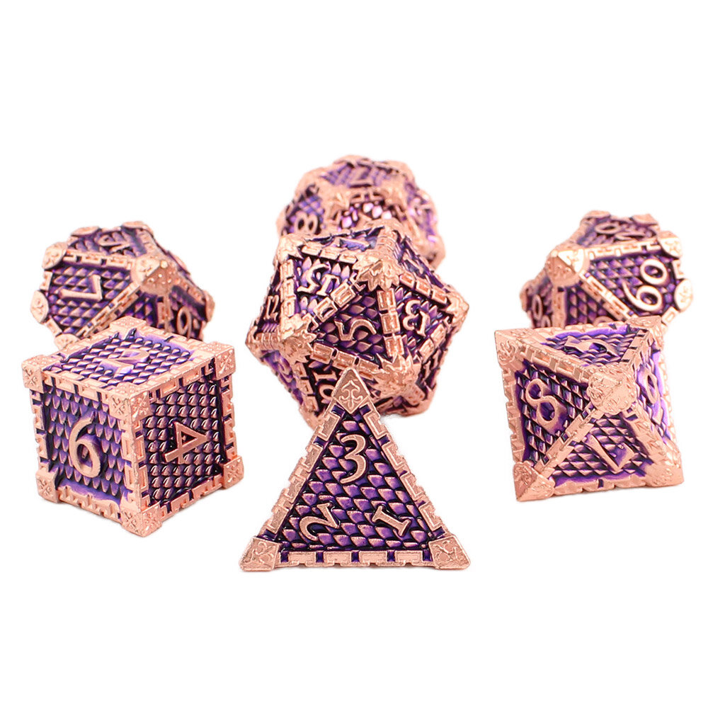 Metalowe kości RPG w kolorze różowego złota z fioletowym wypełnieniem i ornamentami | Kości Metalowe Royal Amethyst & Rose Gold Lume Design