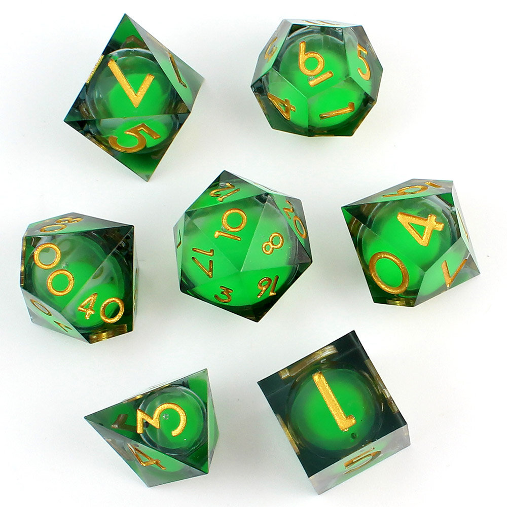 Zestaw 7 kości RPG z żywicy z płynnym zielonym wnętrzem i ostrymi krawędziami | Kości Liquid Core Toxic Surge Lume Design