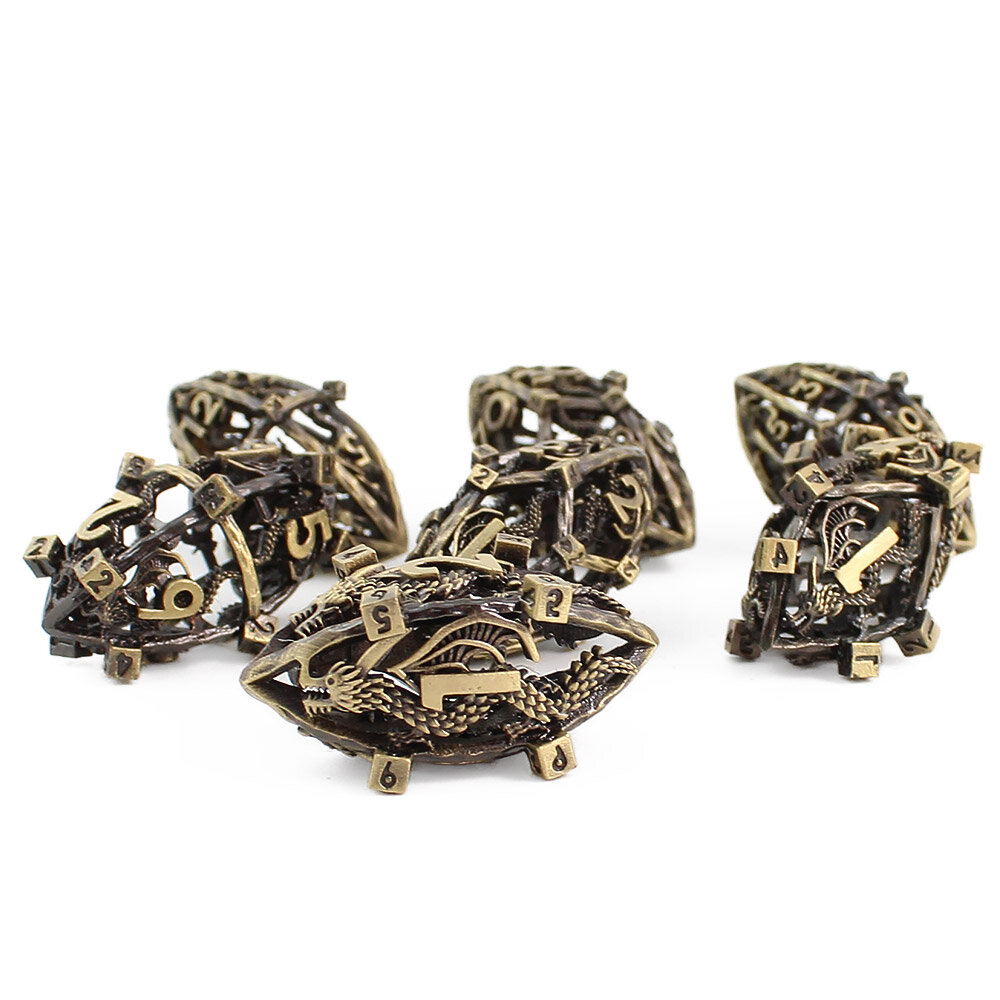 Metalowe ażurowe kości RPG w kształcie smoczych jaj ze wzorem chińskiego smoka | Kości Metalowe Serpent Dragon Eggs Lume Design