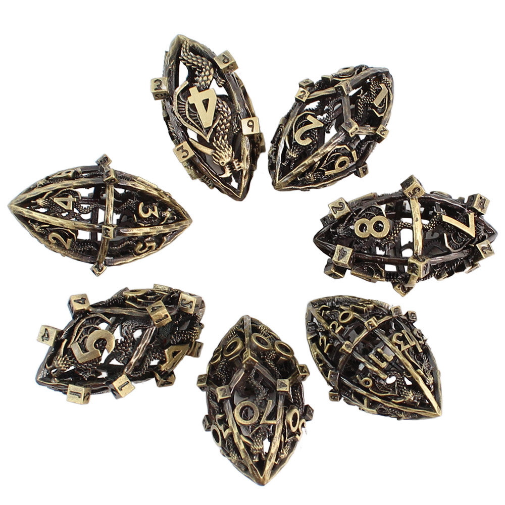 Metalowe ażurowe kości RPG w kształcie smoczych jaj ze wzorem chińskiego smoka | Kości Metalowe Serpent Dragon Eggs Lume Design