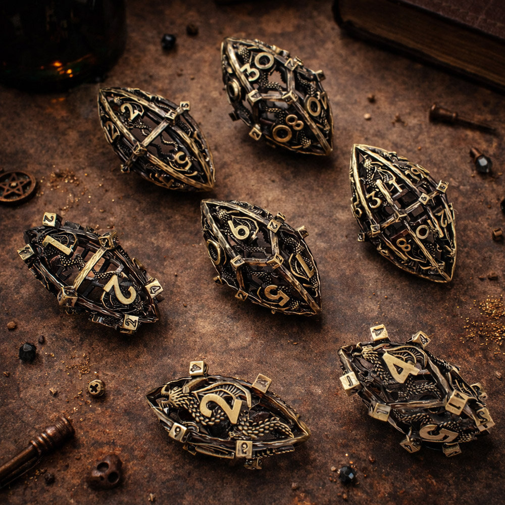 Metalowe ażurowe kości RPG w kształcie smoczych jaj ze wzorem chińskiego smoka | Kości Metalowe Serpent Dragon Eggs Lume Design