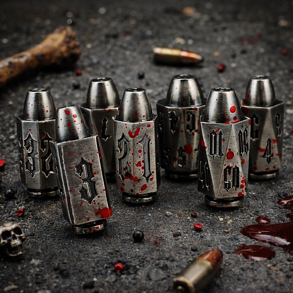 Zestaw 7 metalowych kości RPG o kształcie pocisków z krwawymi śladami w kolorze ciemnego srebra | Kości Metalowe Naboje Bloodied Bullets Lume Design