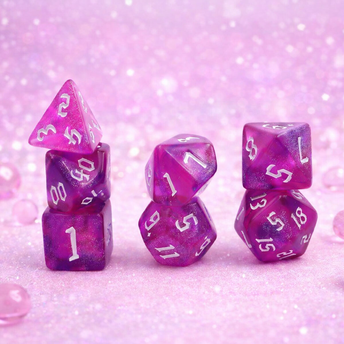 Zestaw kości RPG Magenta Nebula różowo-fioletowe z brokatem