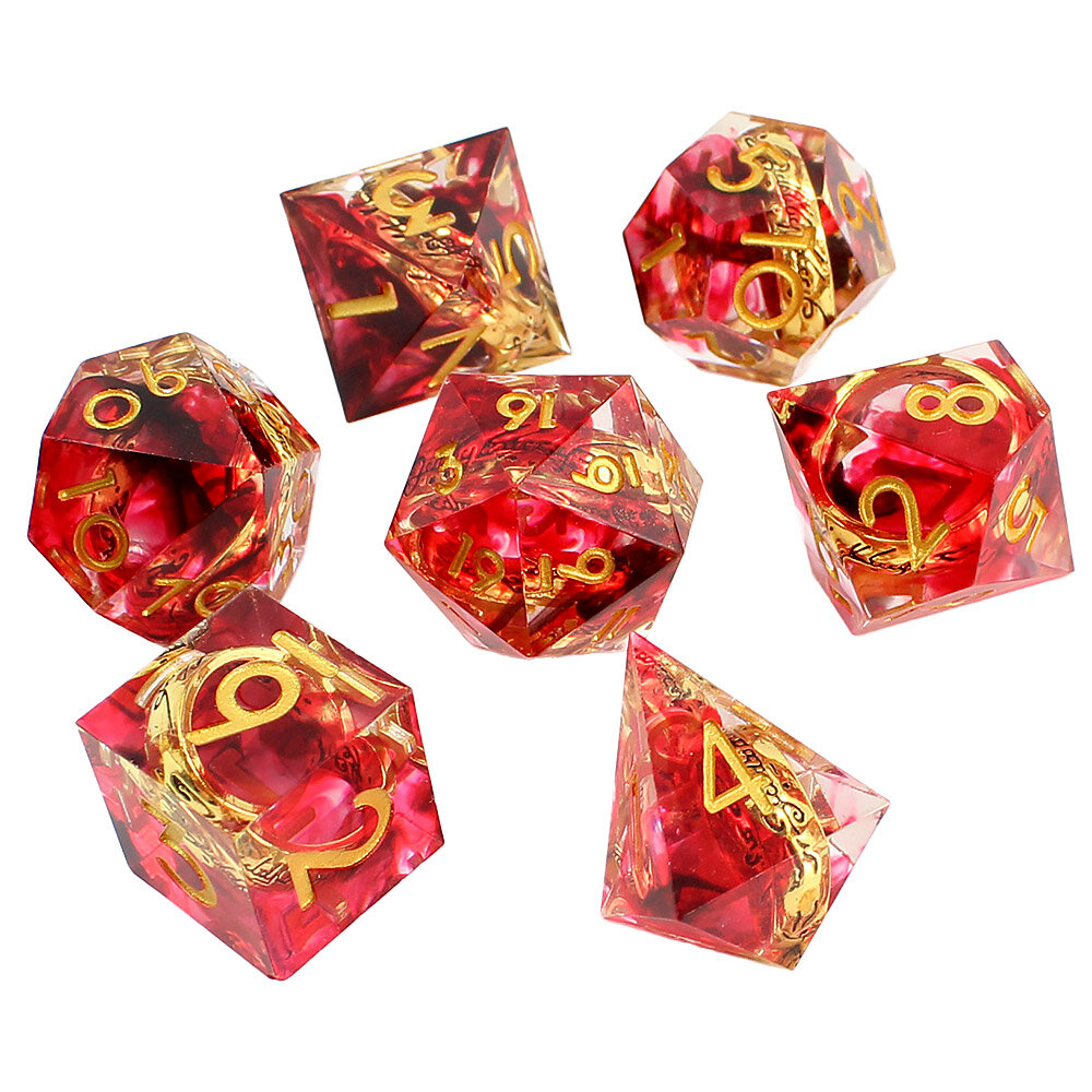 Zestaw 7 kości RPG z żywicy dymno-czerwonej z zatopionym złotym pierścieniem z elfią inskrypcją | Kości Żywiczne Elven Ring of Power Lume Design Zestaw 7 kości RPG z żywicy dymno-czerwonej z zatopionym złotym pierścieniem z elfią inskrypcją | Kości Żywiczne Elven Ring of Power Lume Design