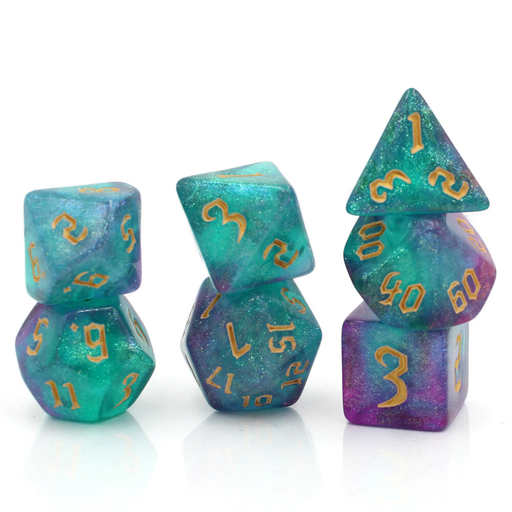Dwukolorowe kości RPG z brokatem komplet Zestaw kości RPG Sharp Edge Aurora Mint miętowe holograficzne