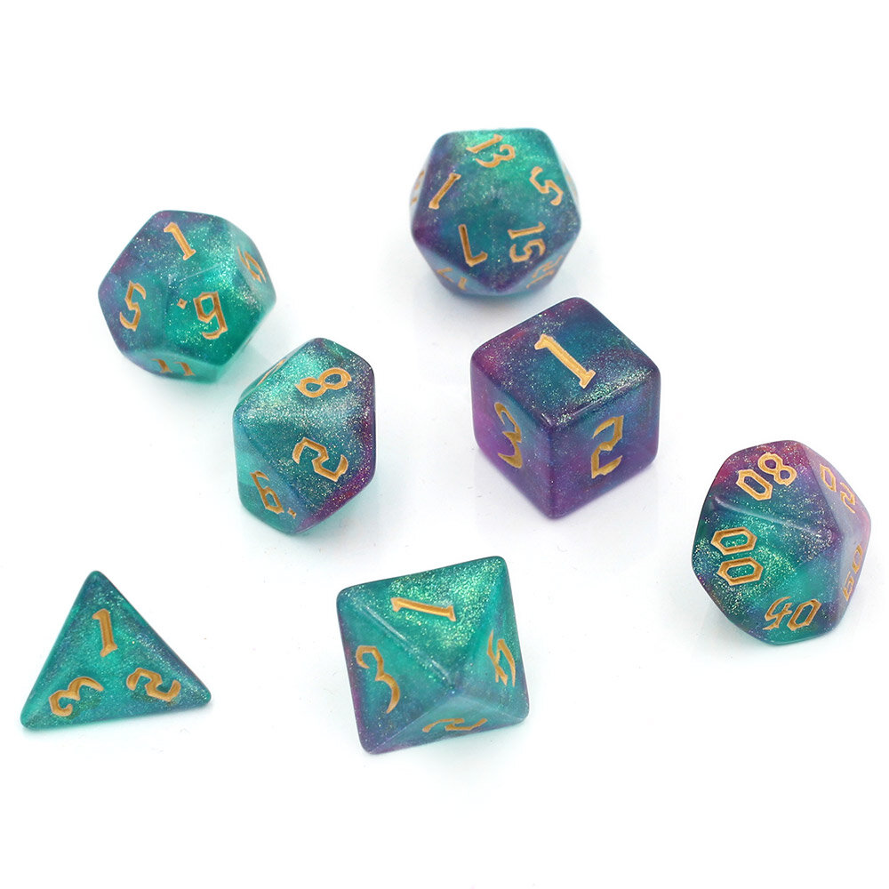 Dwukolorowe kości RPG z brokatem komplet Zestaw kości RPG Sharp Edge Aurora Mint miętowe holograficzne