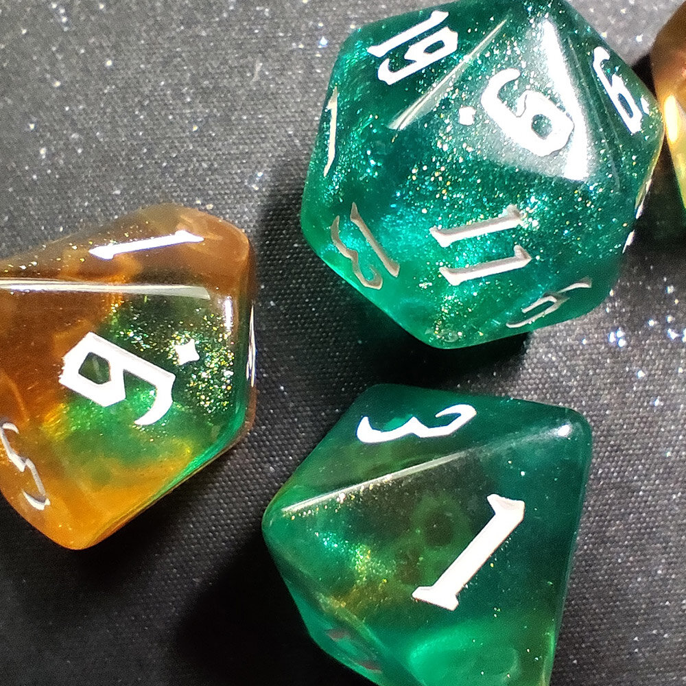 Zestaw kości RPG Mystic Swamp zielono-brązowe z brokatem