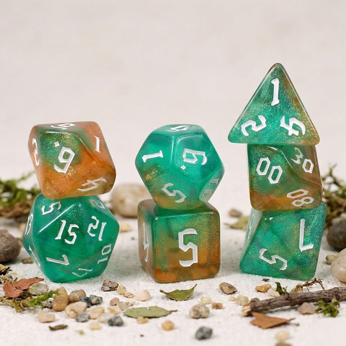 Zestaw kości RPG Mystic Swamp zielono-brązowe z brokatem