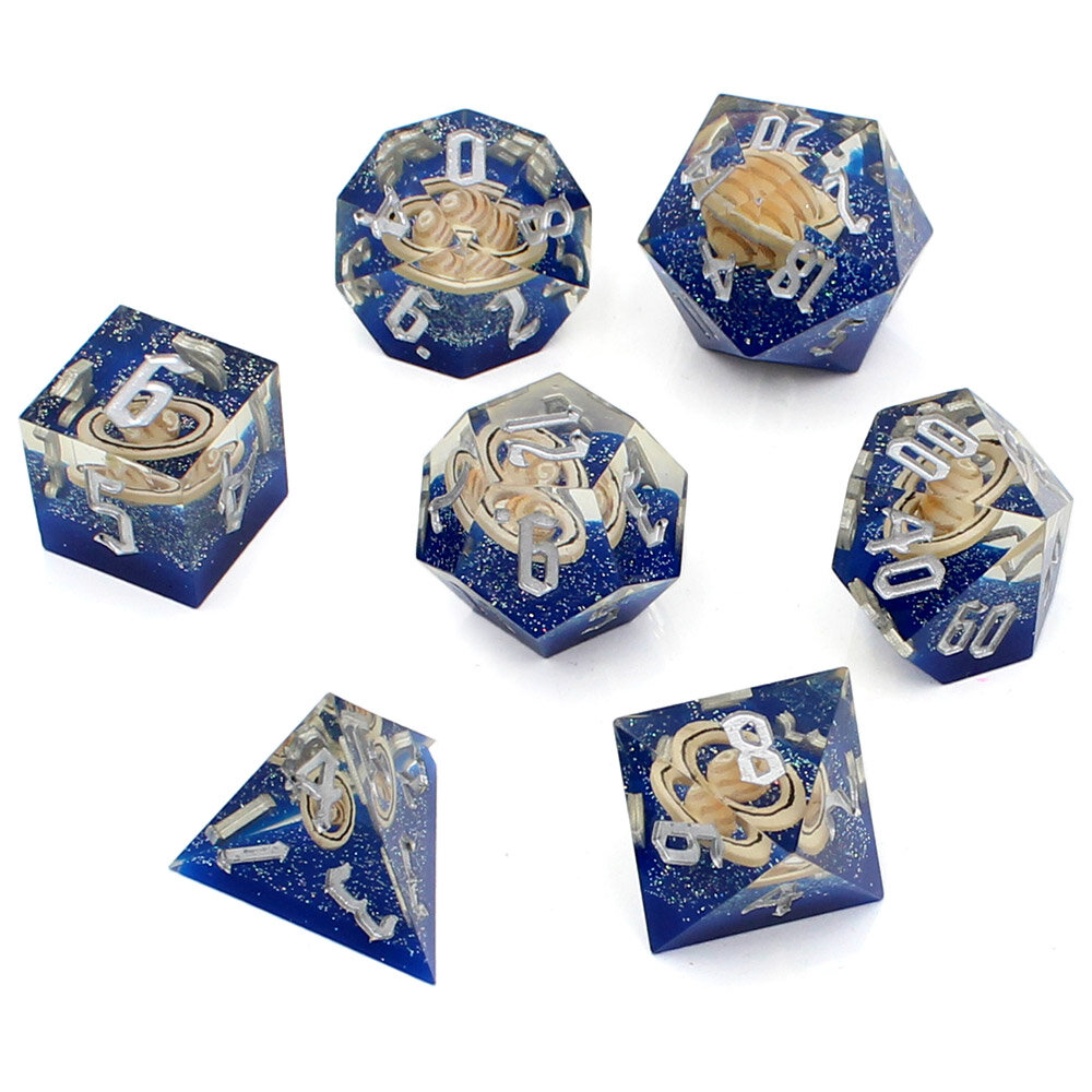 Kości żywiczne ostre krawędzie motyw kosmosu Zestaw kości RPG Sharp Edge Cosmic Orbit z planetami w środku