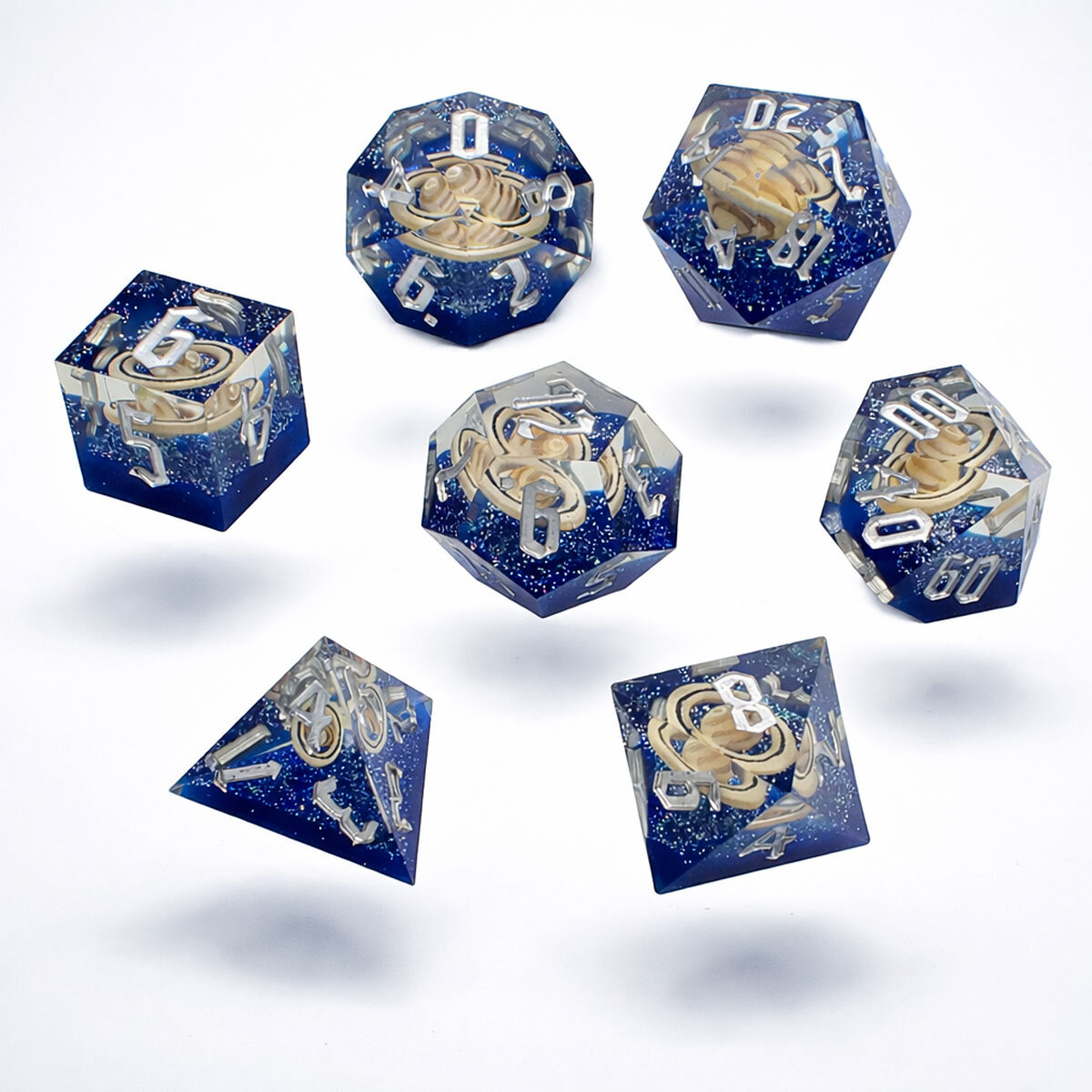 Kości żywiczne ostre krawędzie motyw kosmosu Zestaw kości RPG Sharp Edge Cosmic Orbit z planetami w środku