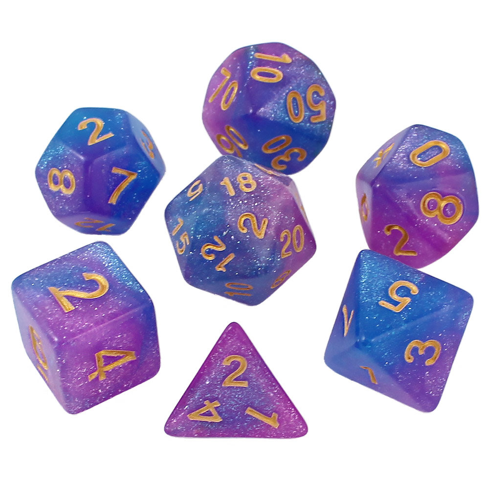 Kości RPG Zestaw brokatowych kości RPG Astro Dust w kolorach niebieskim i fioletowym ze złotymi cyframi.