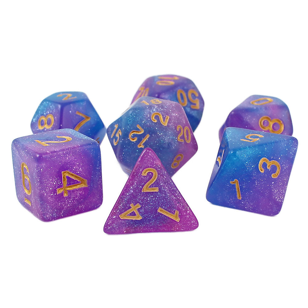 Kości RPG Zestaw brokatowych kości RPG Astro Dust w kolorach niebieskim i fioletowym ze złotymi cyframi.