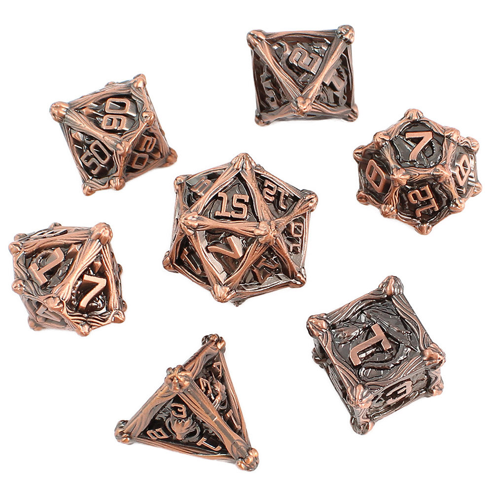 Zestaw 7 metalowych kości RPG w kolorze oksydowanej miedzi z rzeźbieniami | Metalowe Kości Ancient Copper Dragon